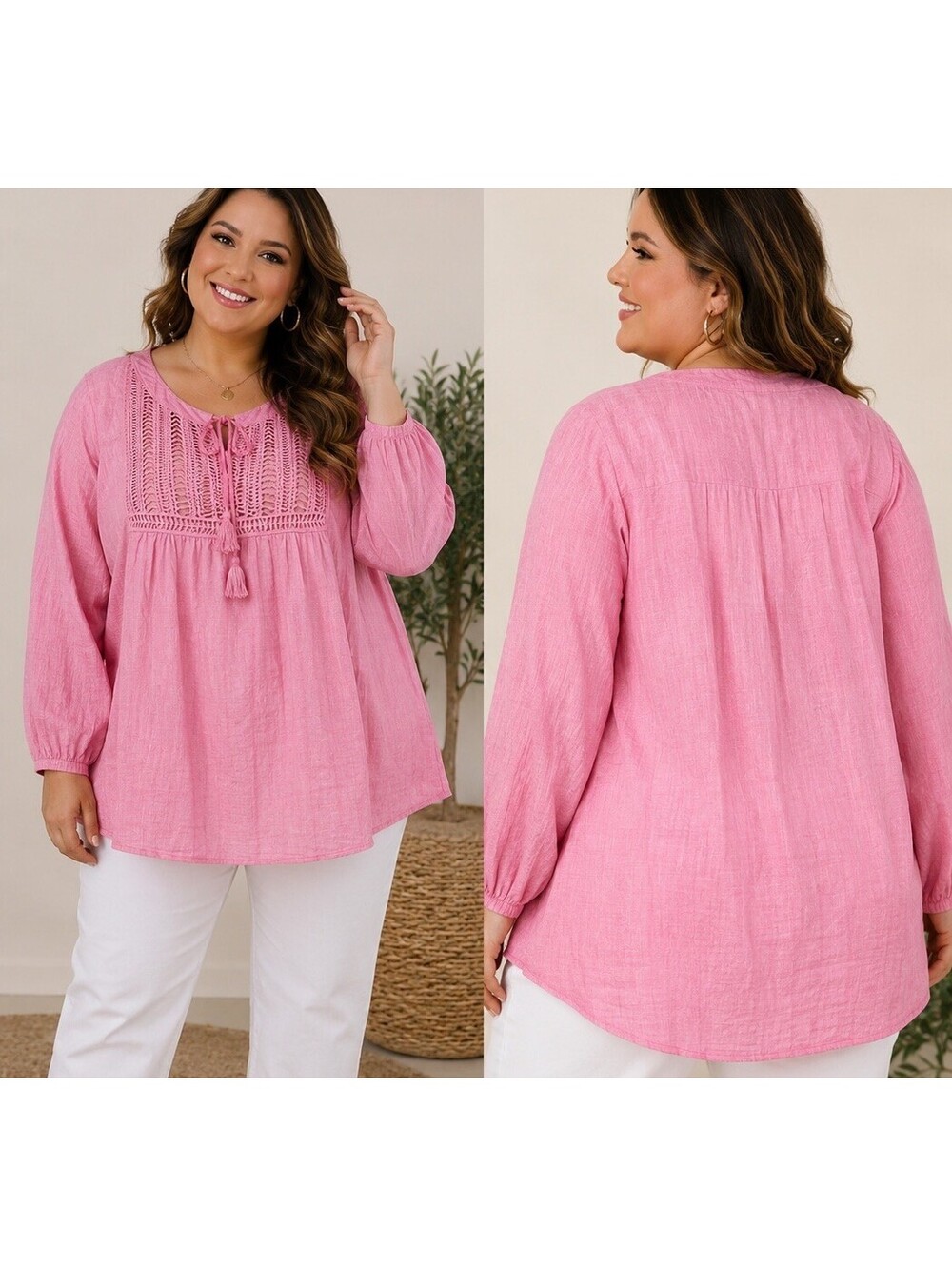 Grand & Greene Pink Cotton Peasant Tunic Blouse 1X Boho Lagenlook Beach Coastal